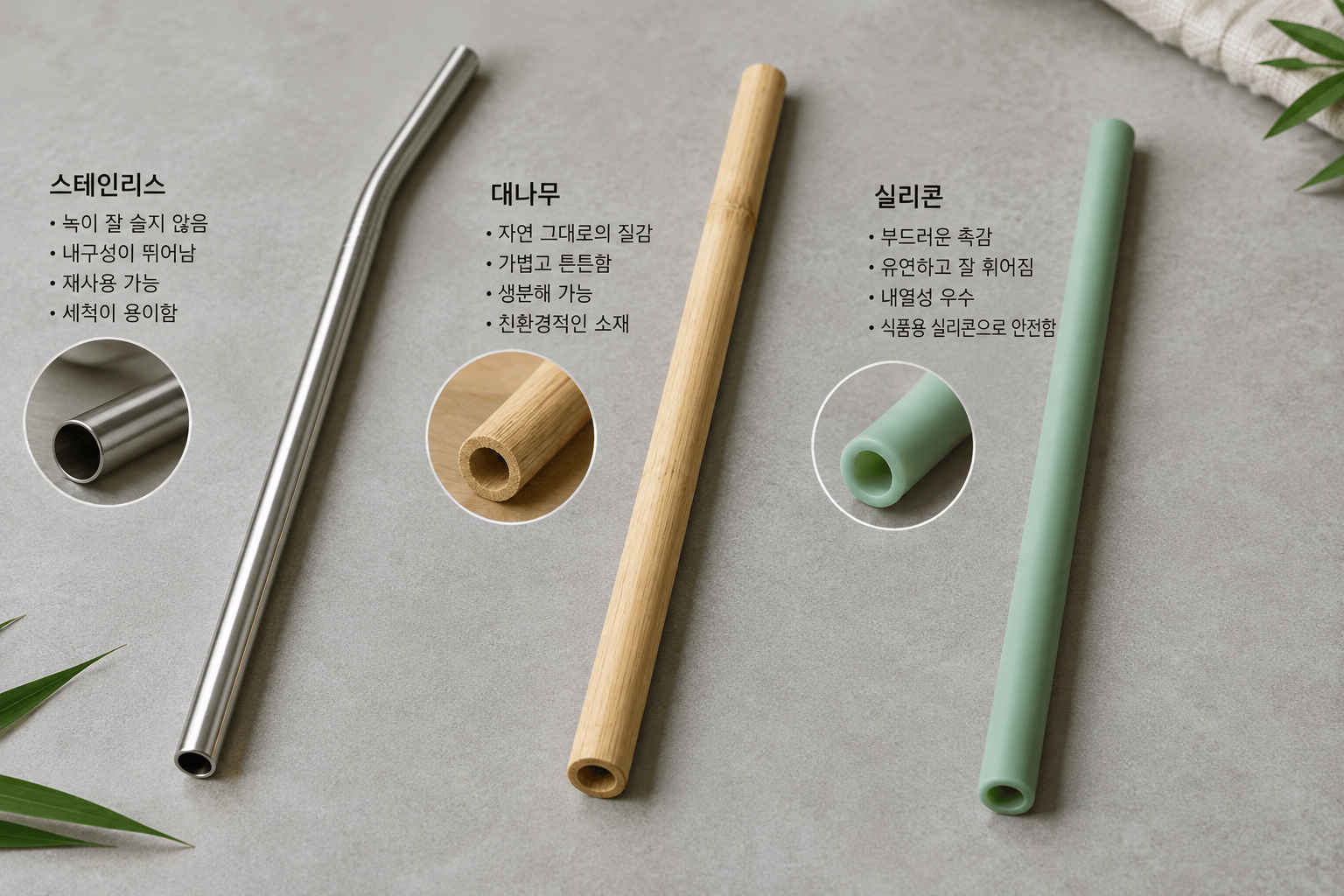 스테인리스, 대나무, 실리콘 재질의 친환경 빨대 모음
