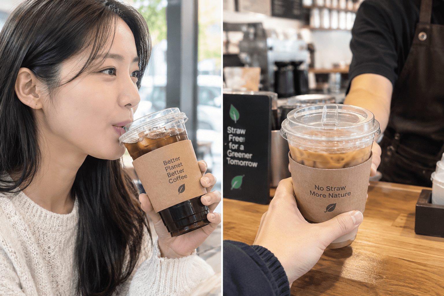 빨대 없이 음료를 마시는 사람과 친환경 컵뚜껑이 있는 카페