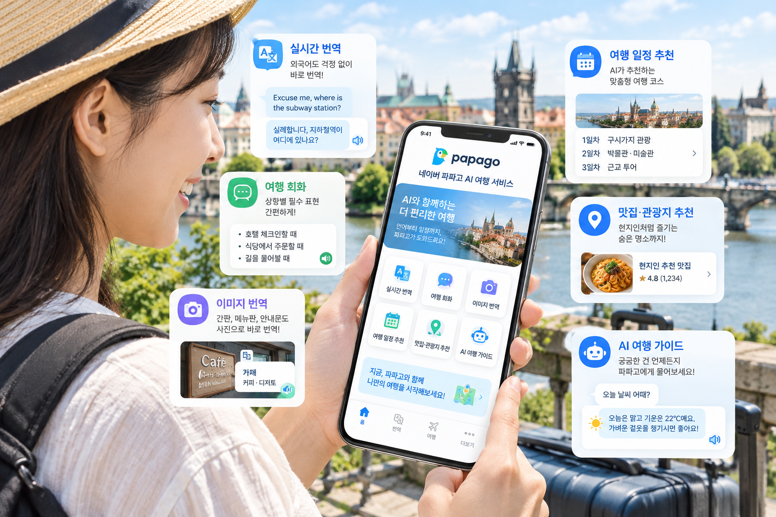 스마트폰에서 파파고 AI 여행 서비스 기능을 활용하는 모습