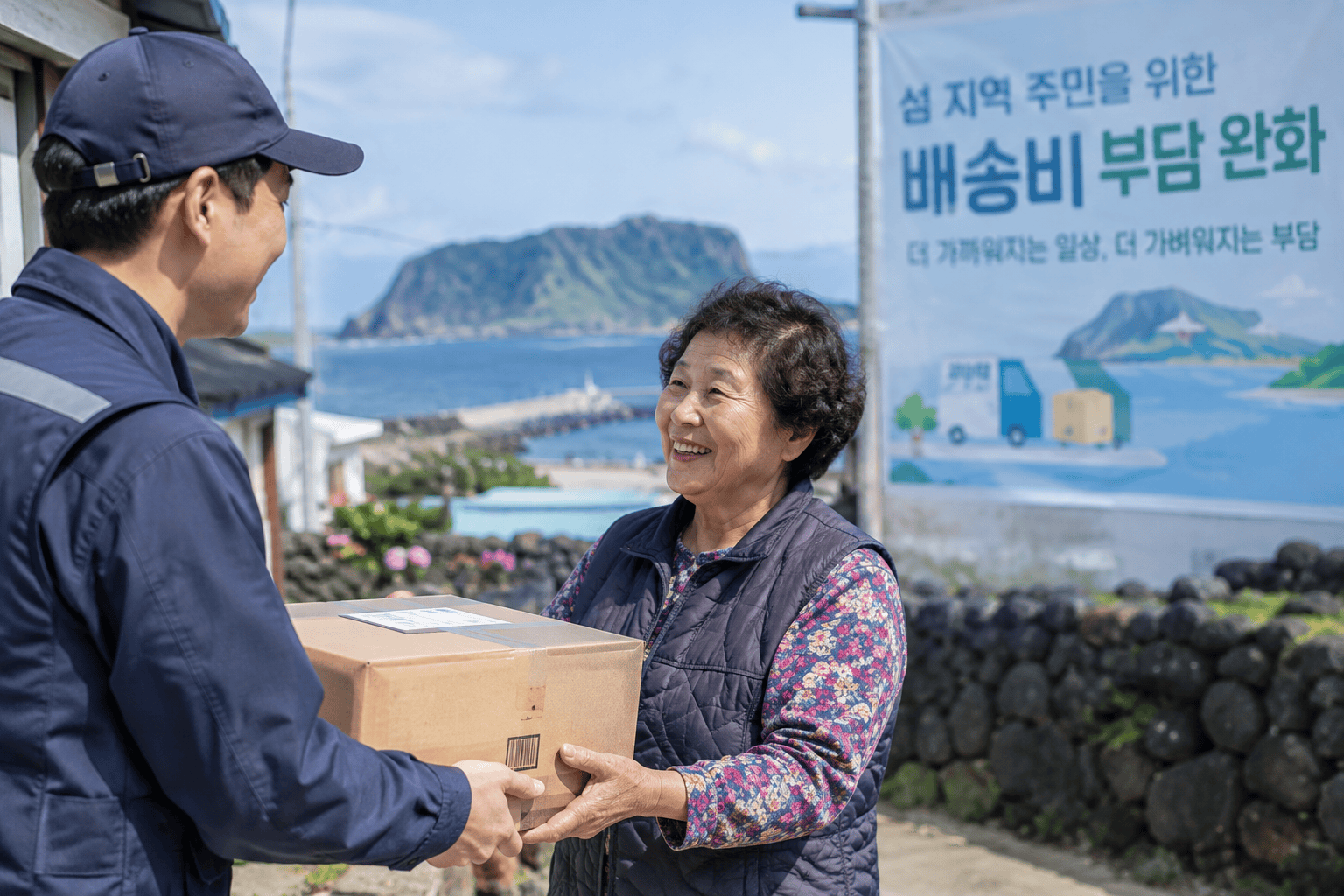 섬 지역 주민이 택배를 받는 모습과 배송비 부담 완화 안내가 배경으로 보임
