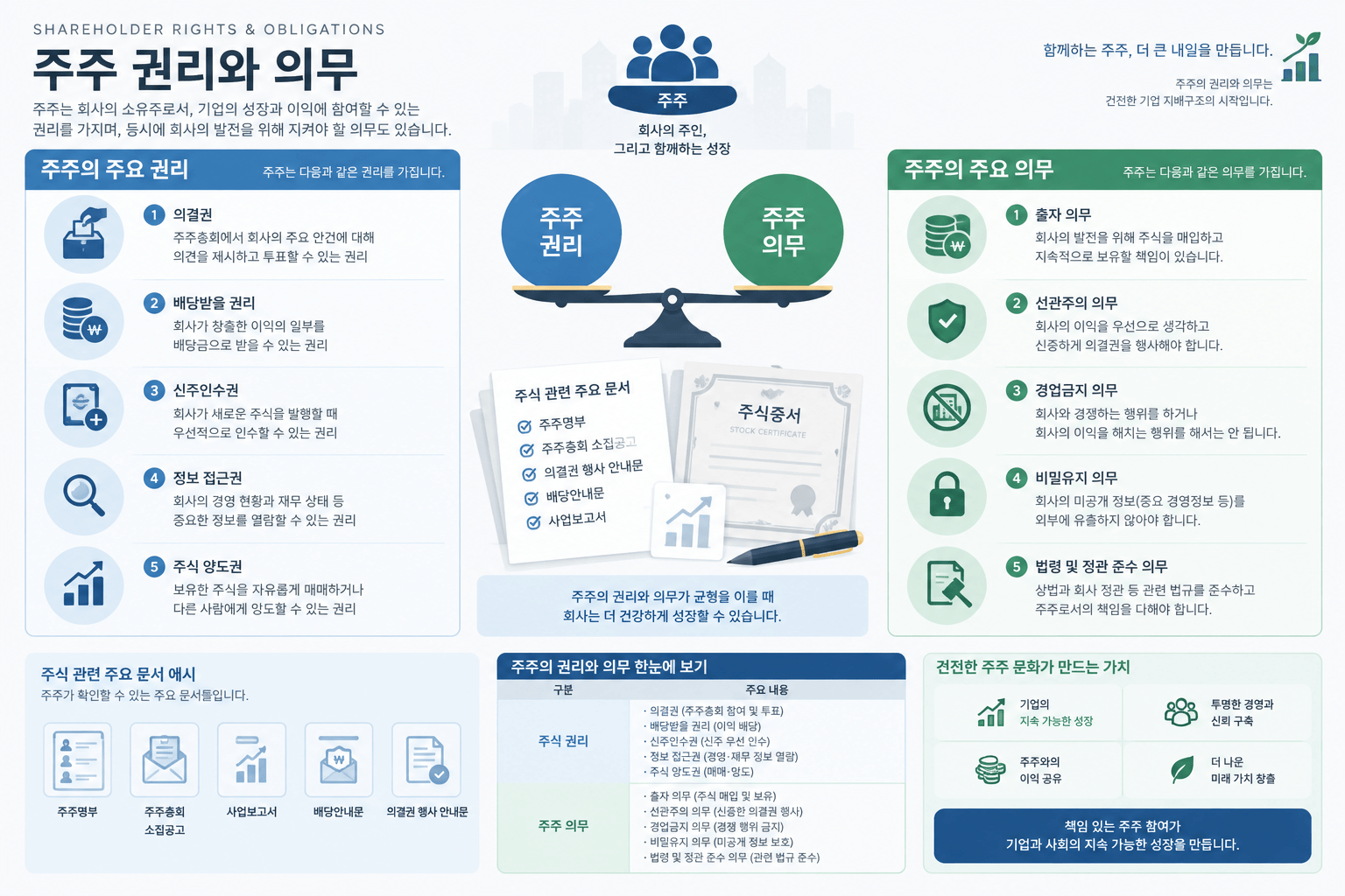 주주의 권리와 의무를 나타내는 인포그래픽