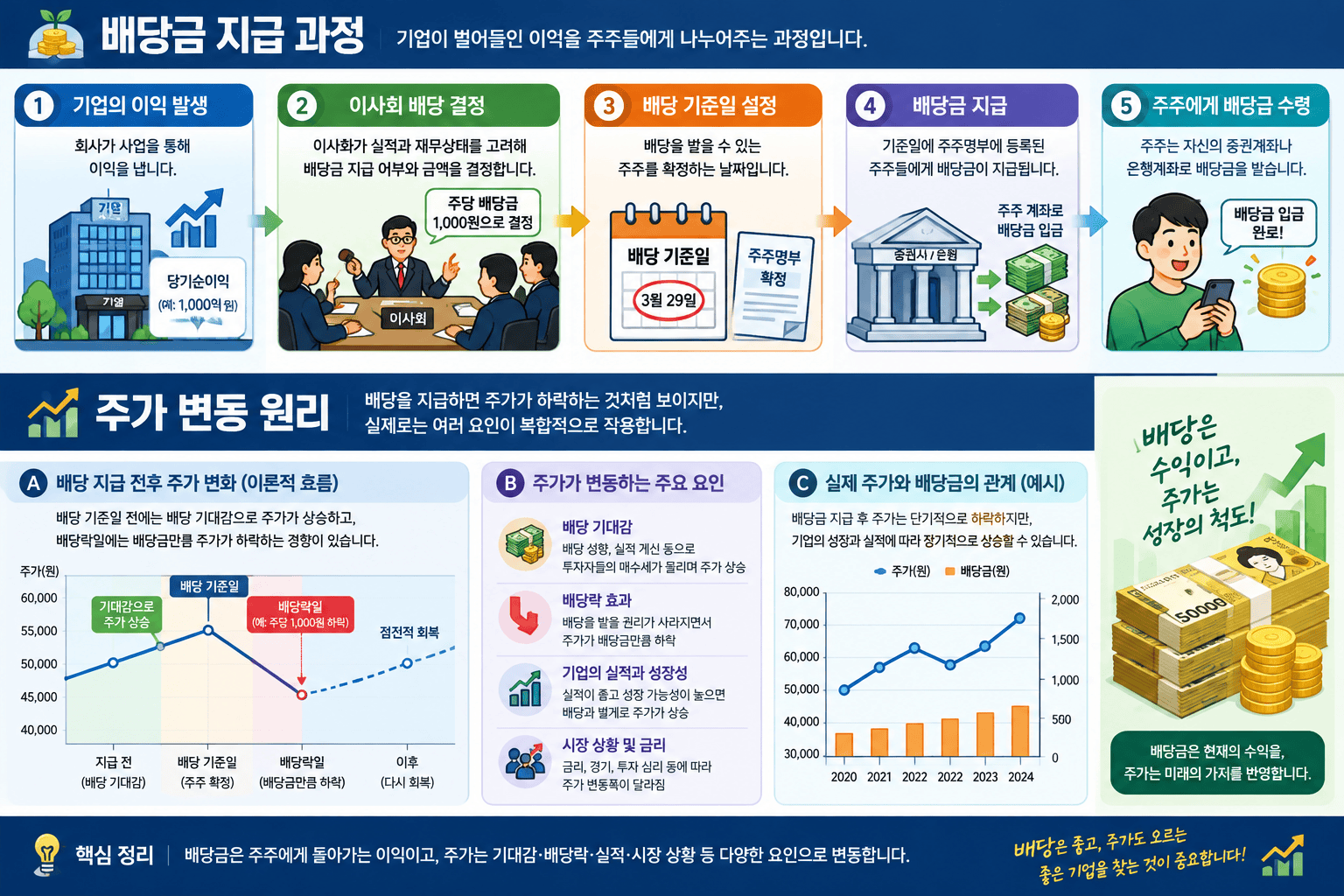 배당금과 주가 변동 관계를 보여주는 설명용 일러스트