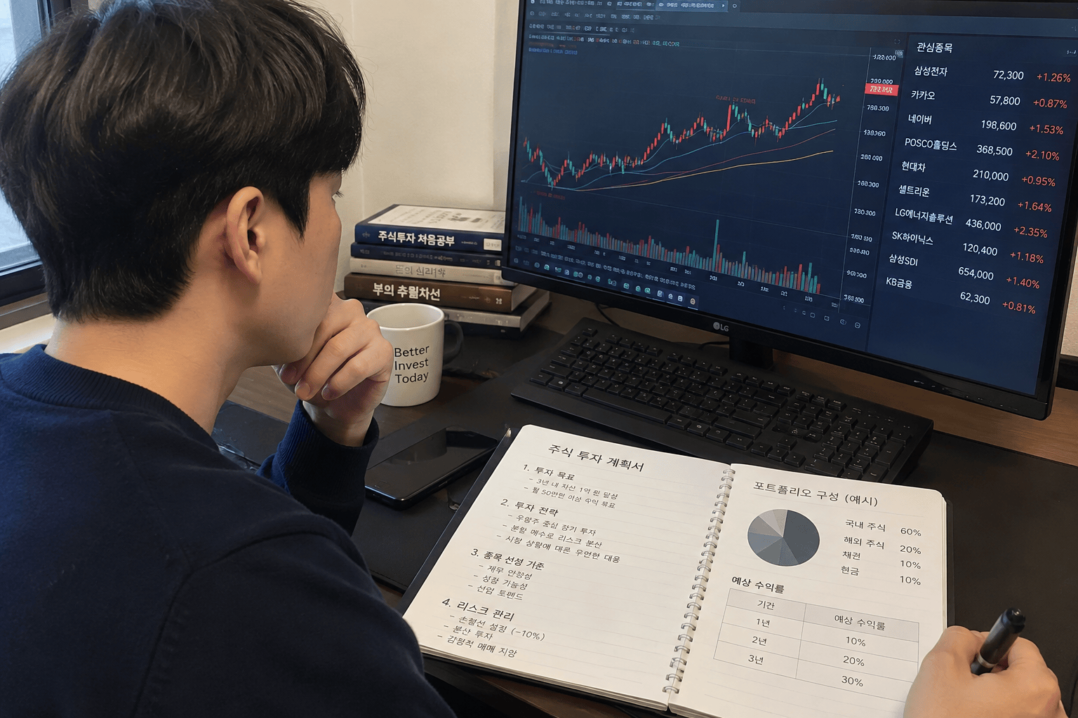초보 투자자가 투자 전략과 위험 관리를 계획하는 모습