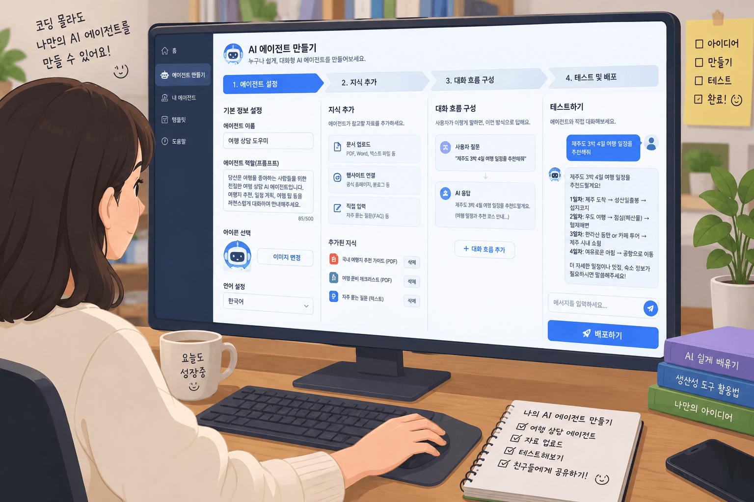 대화형 AI 에이전트 개발 화면과 사용자