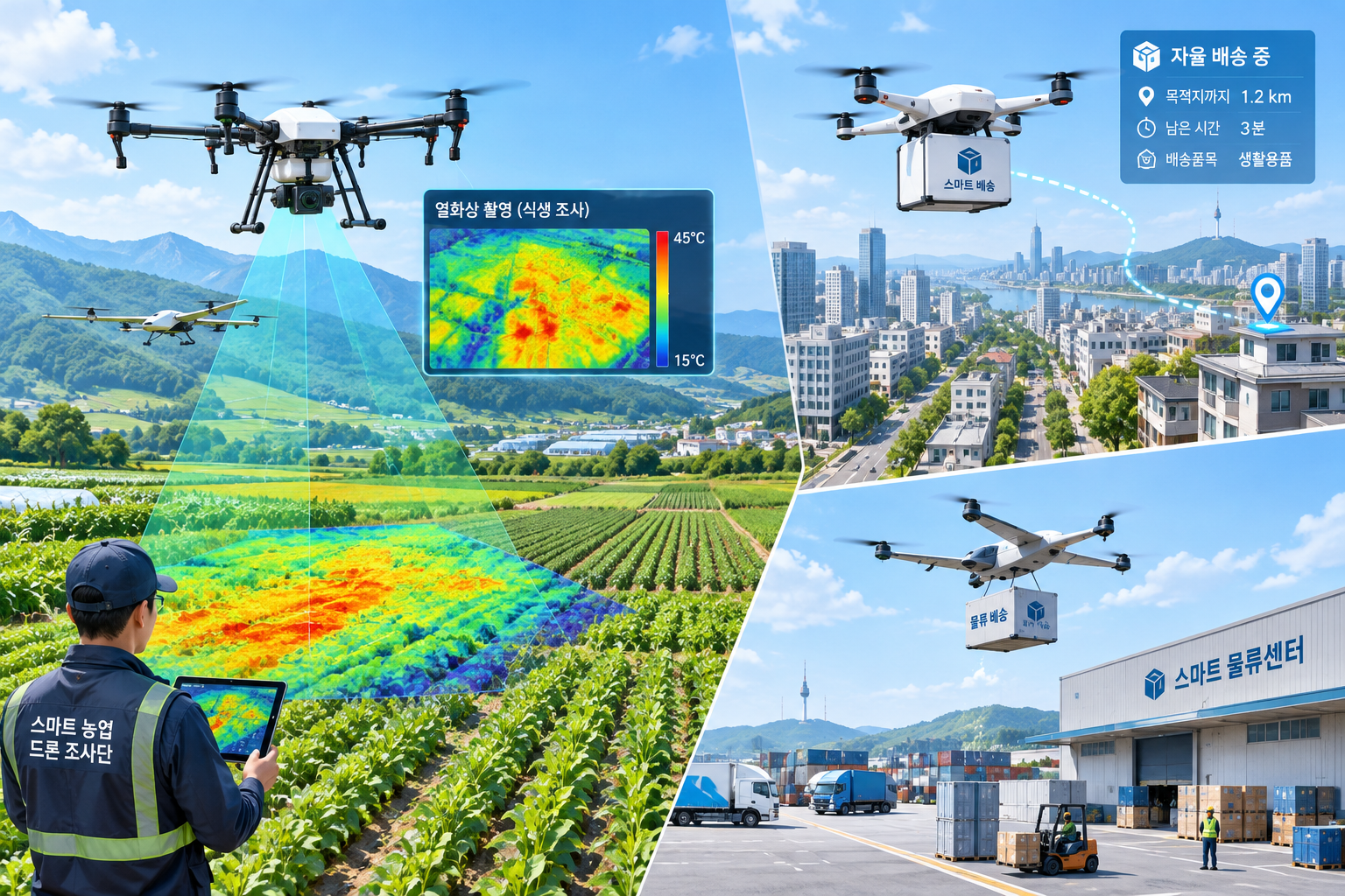 민간 분야에서 농업과 배송에 활용되는 AI UAV 이미지