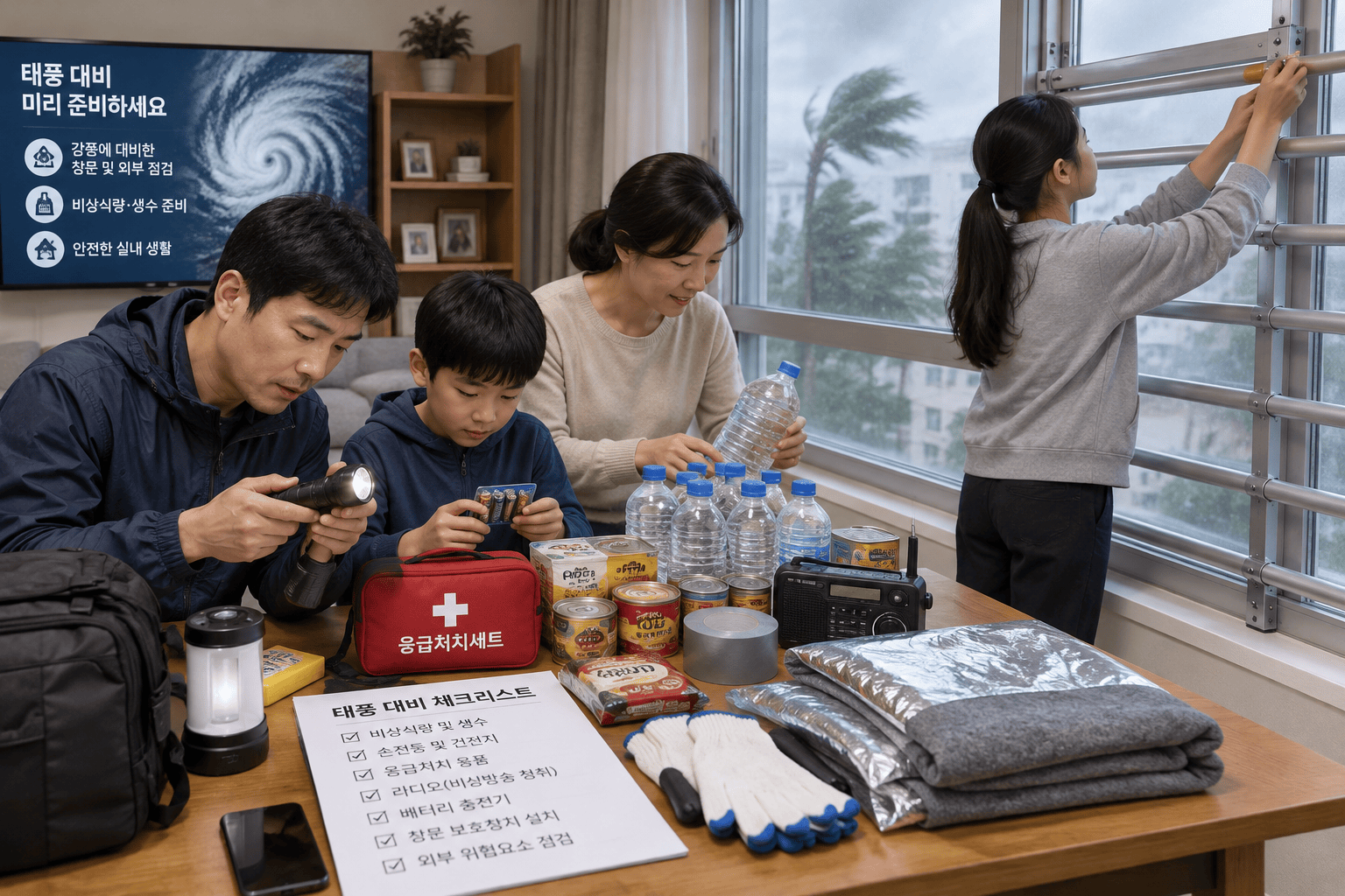 가정에서 슈퍼태풍 대비 준비 중인 장면