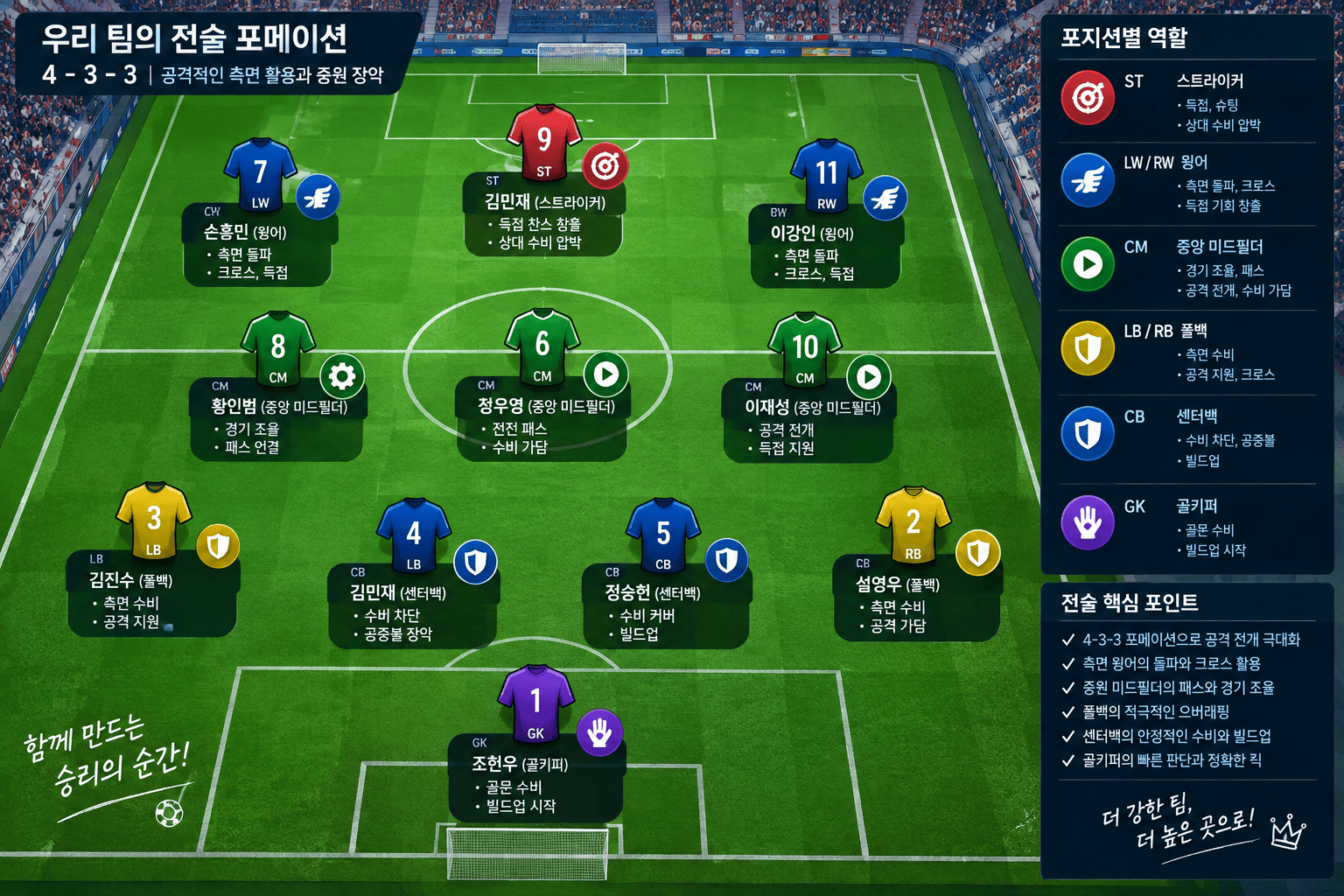 축구 전술판에 선수 포지션과 역할이 표시된 모습