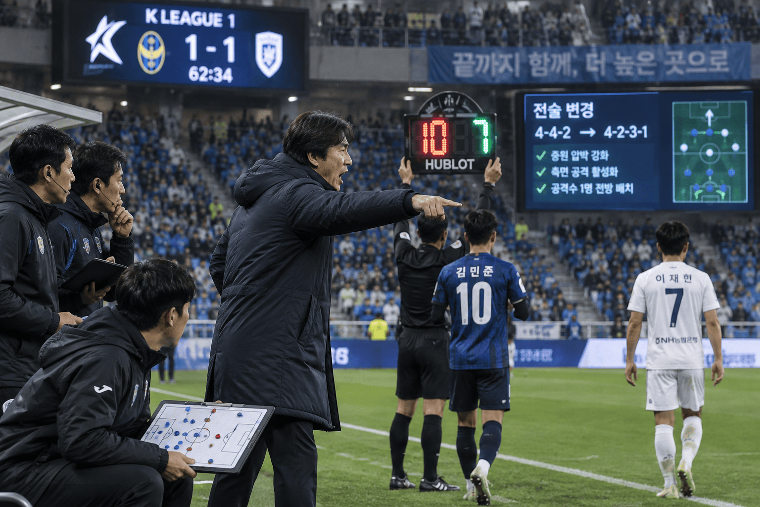 경기 중 감독이 선수 교체와 전술 조정을 지시하는 모습