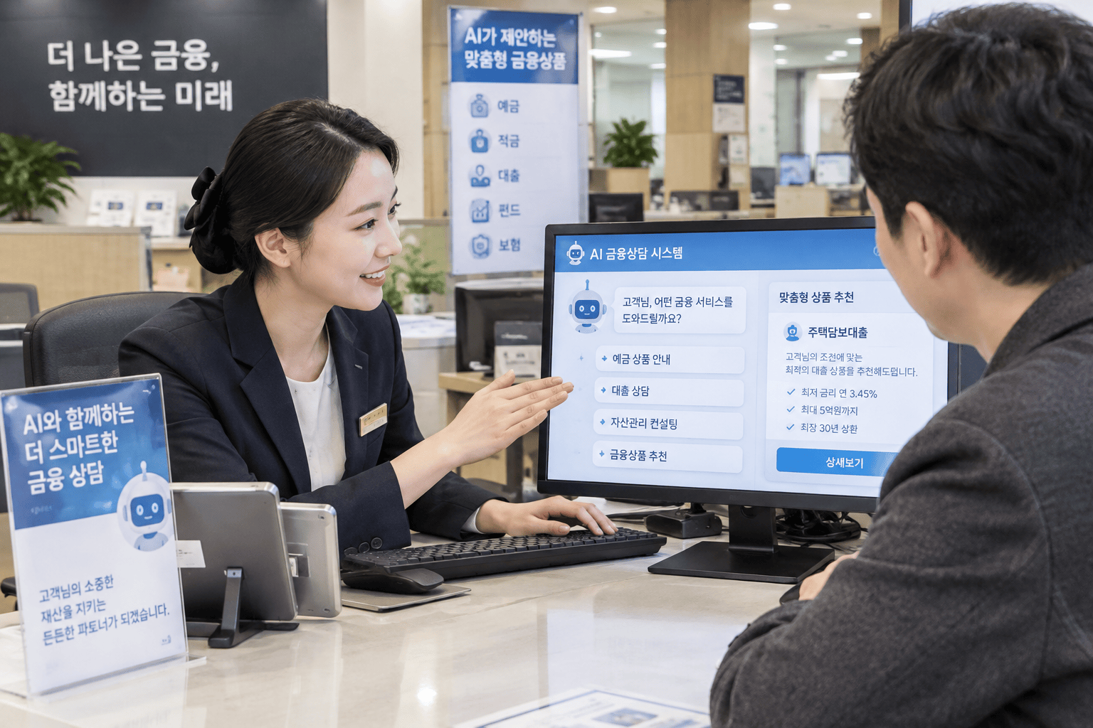 AI 지원을 받는 은행 직원과 고객 상담 장면