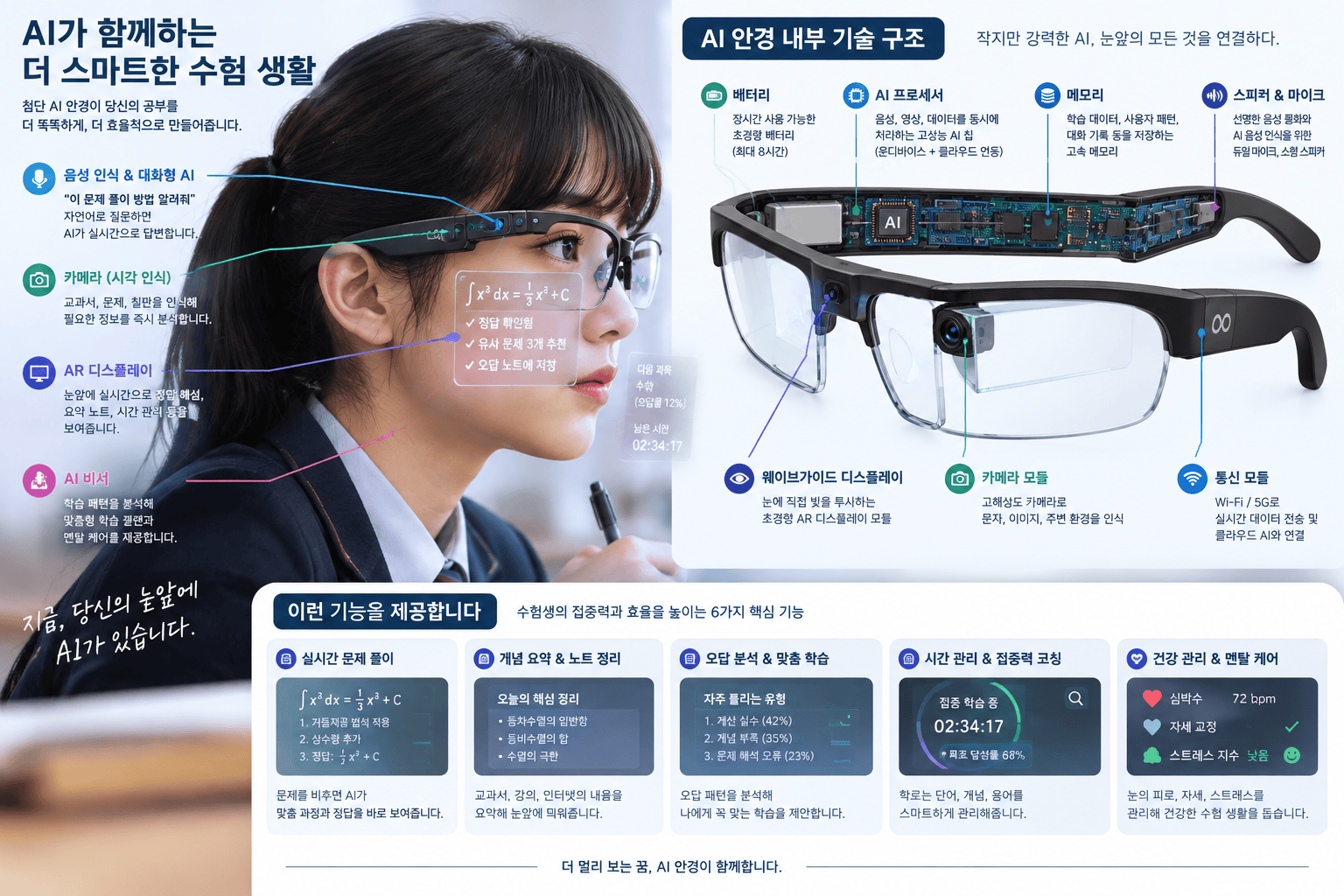 AI 안경 착용 수험생과 기술 구조 인포그래픽