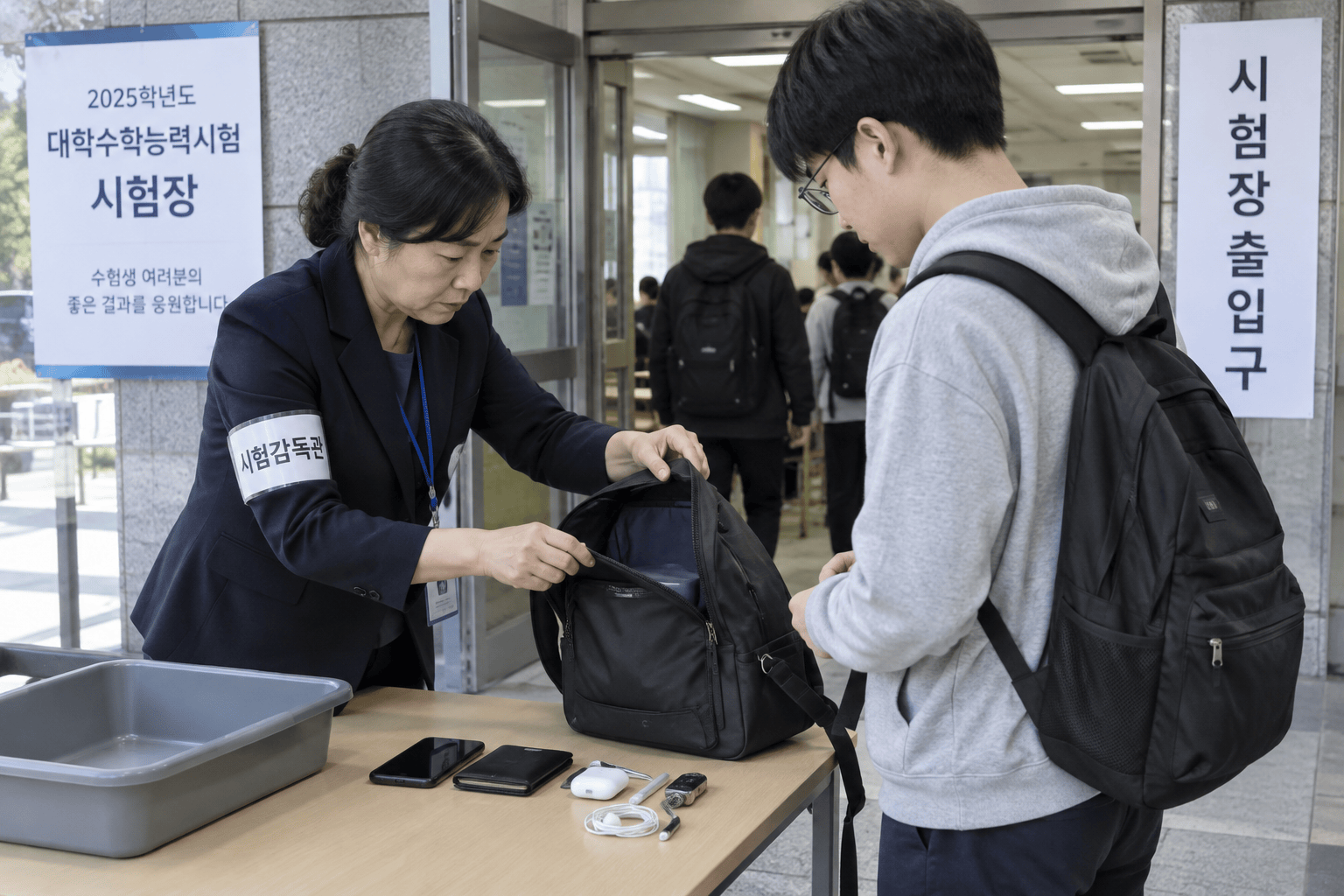 수능 시험장 휴대품 검사하는 감독관 모습