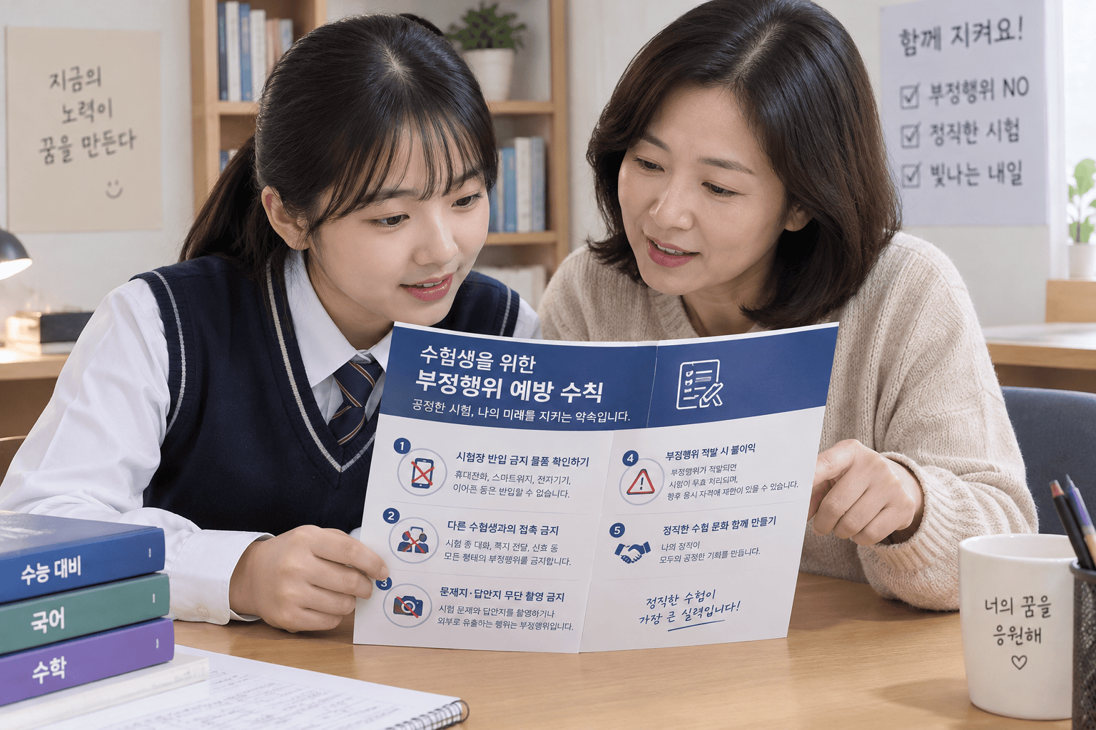 부정행위 예방 수칙을 배우는 수험생과 학부모