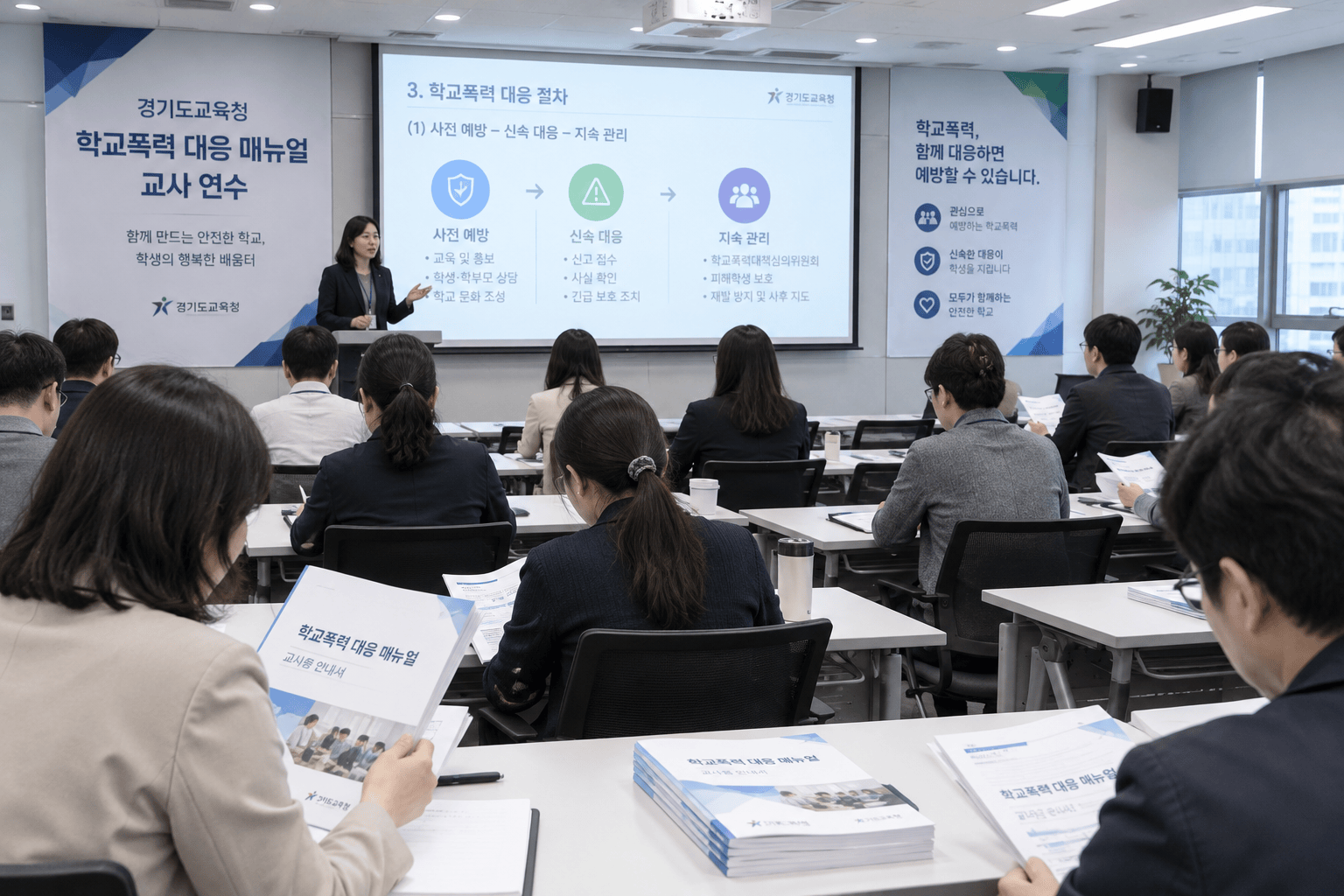 교육청에서 학교 폭력 대응 매뉴얼 강의를 듣는 교사들