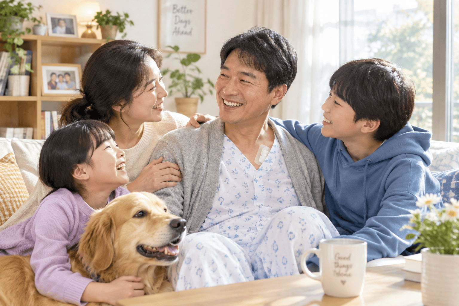 장기 이식을 받고 가족과 함께 행복한 환자