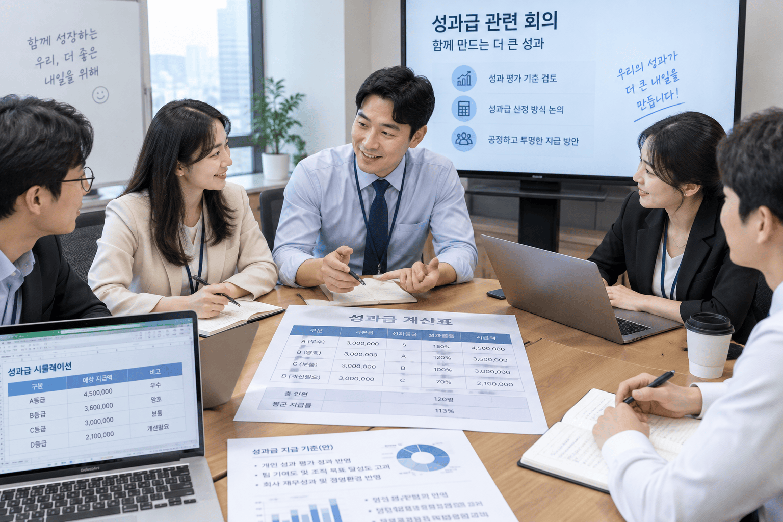 사무실 회의 중 성과급 관련 자료를 검토하는 직원들