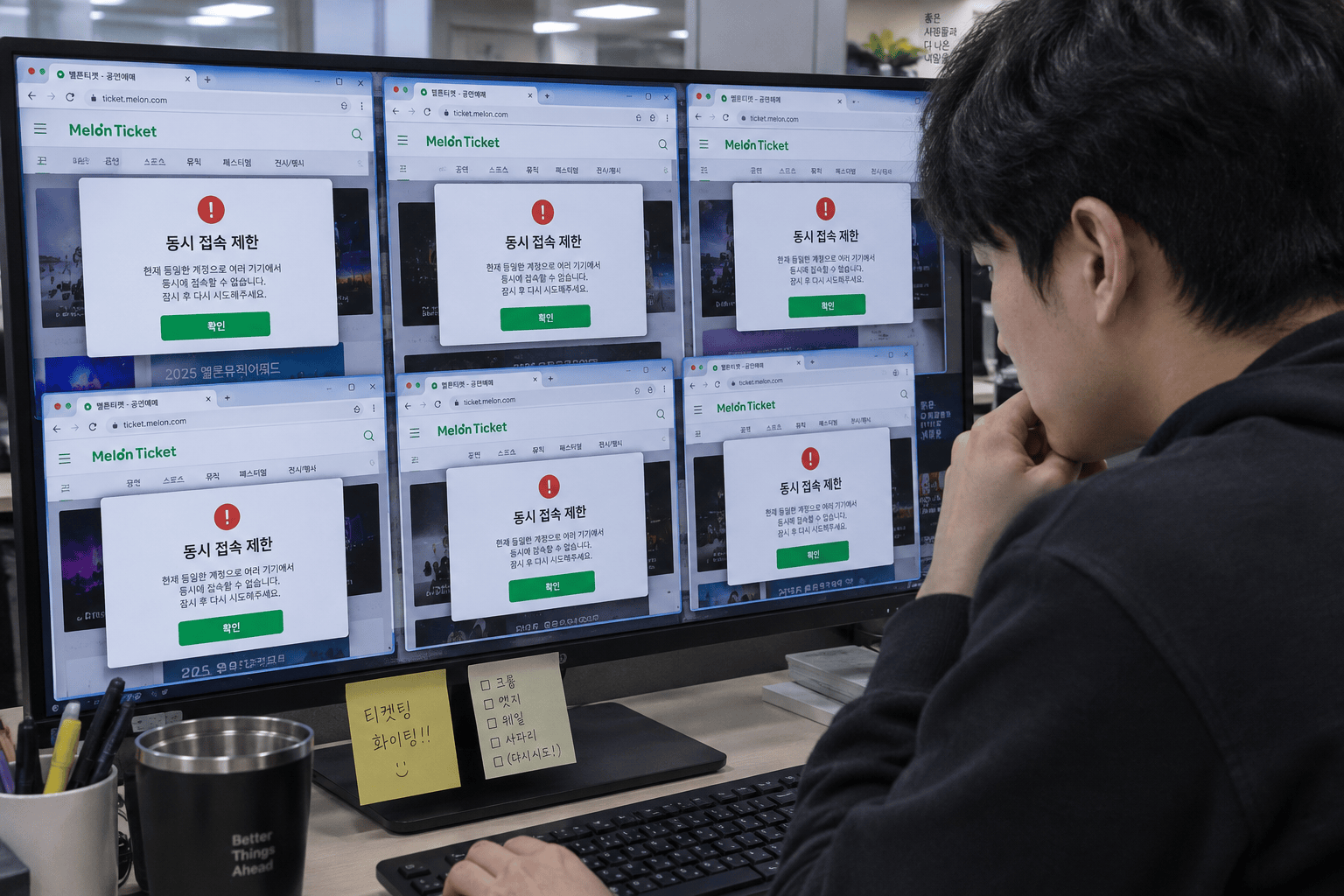 동시 접속 제한 알림이 표시된 멜론티켓 페이지
