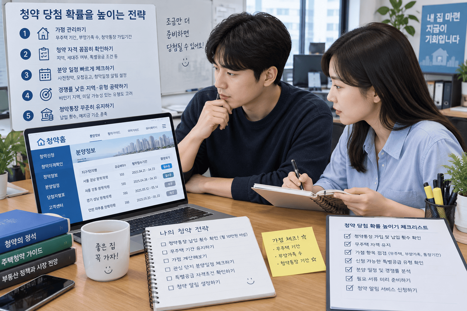 컴퓨터에서 청약 전략을 계획하는 청약자 모습