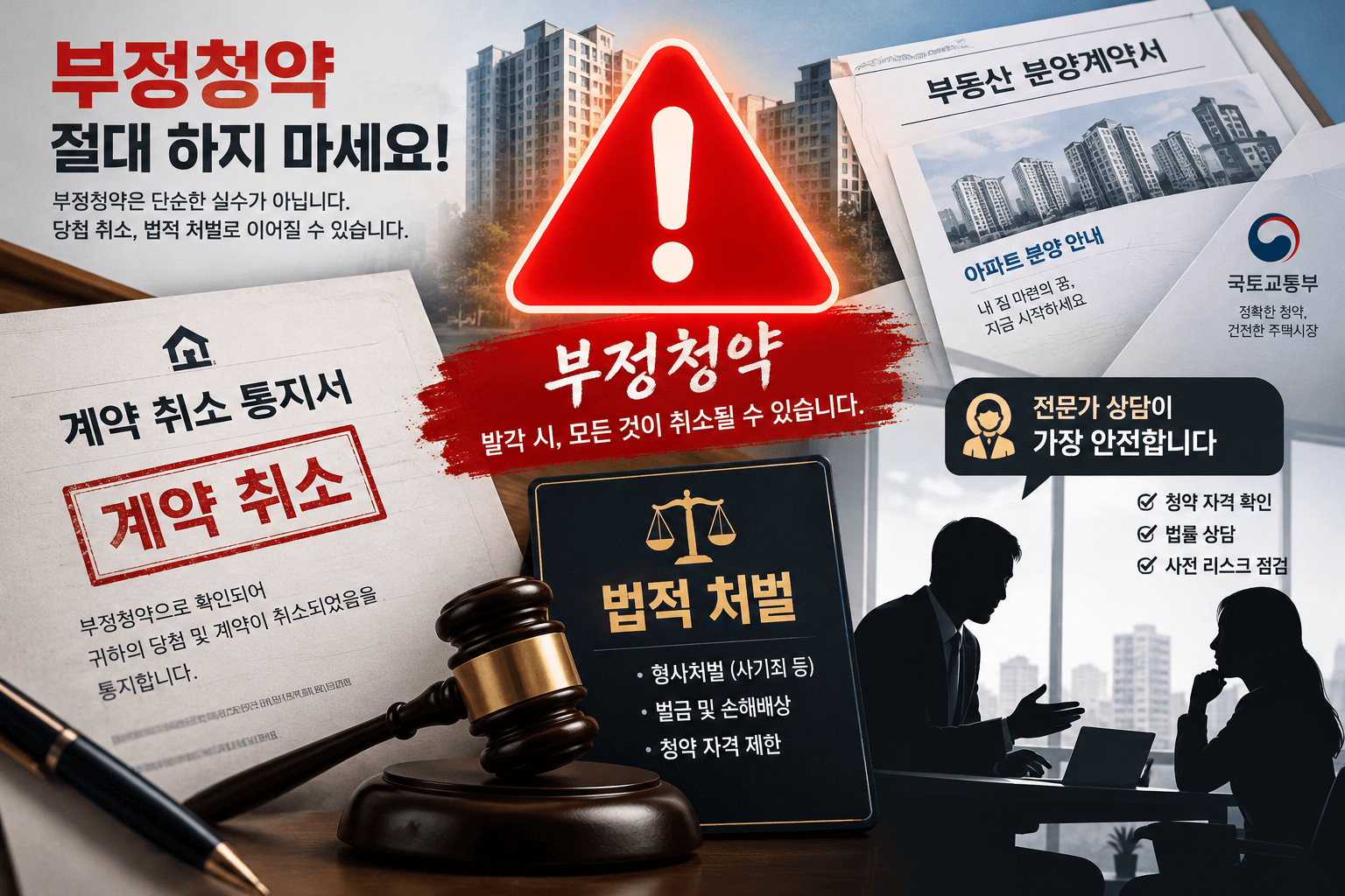 부정청약 경고와 법적 주의사항을 알리는 이미지