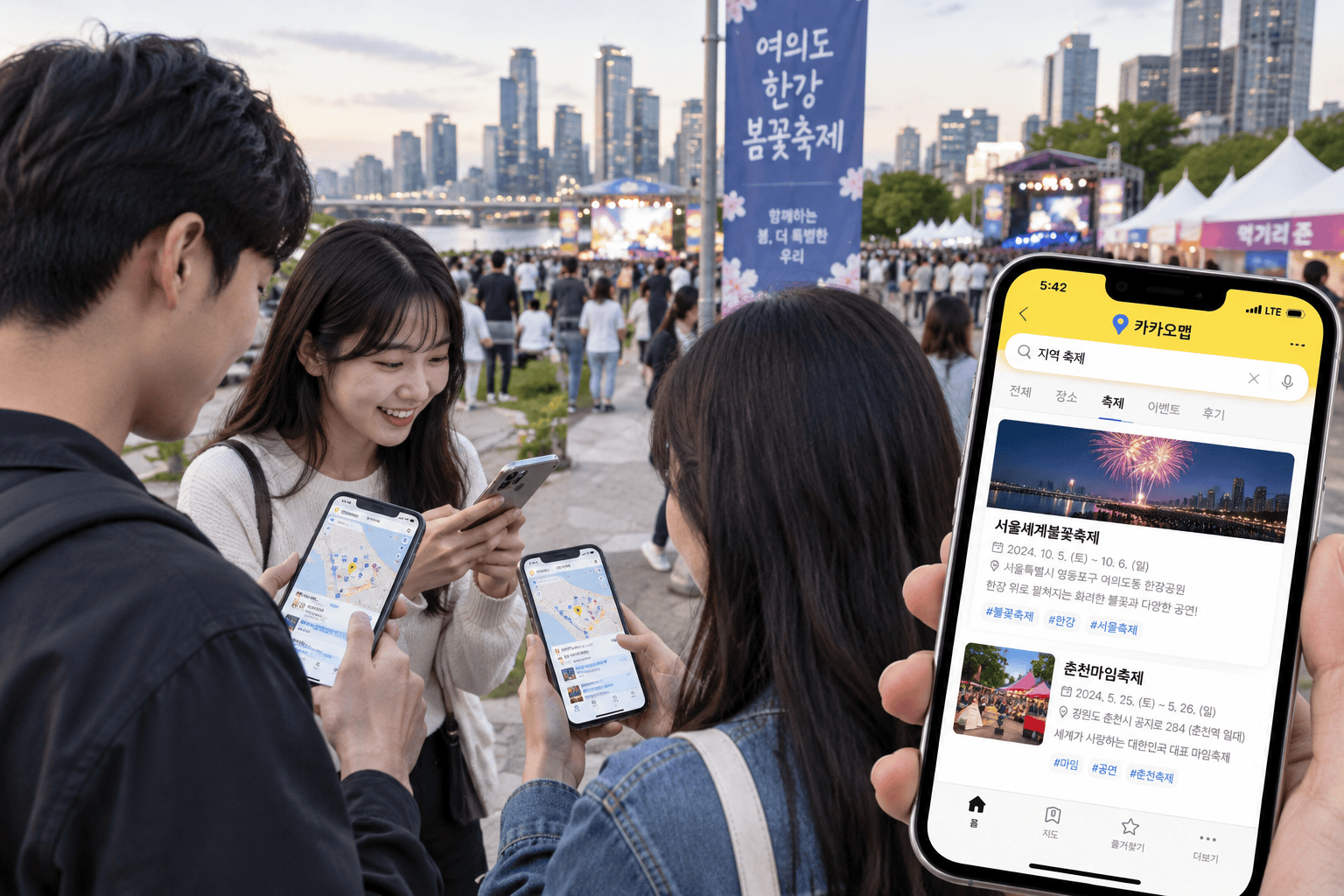 스마트폰으로 카카오맵에서 지역 축제를 검색하는 장면