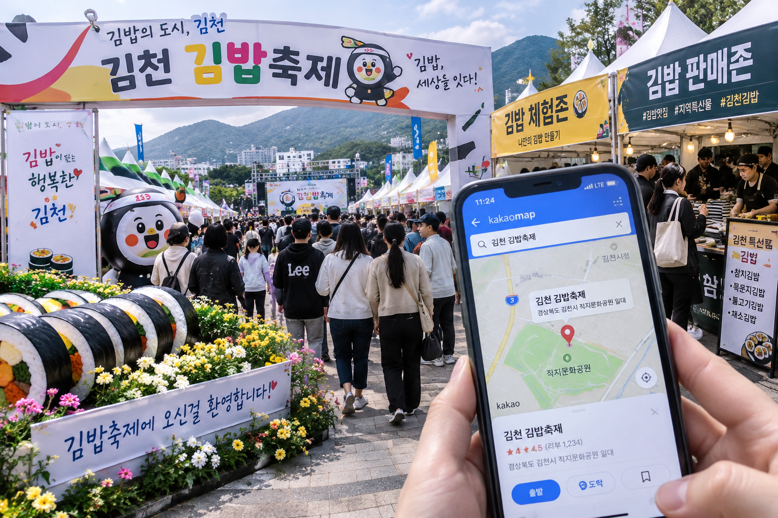 김천 김밥축제 현장에서 카카오맵으로 위치를 확인하는 장면