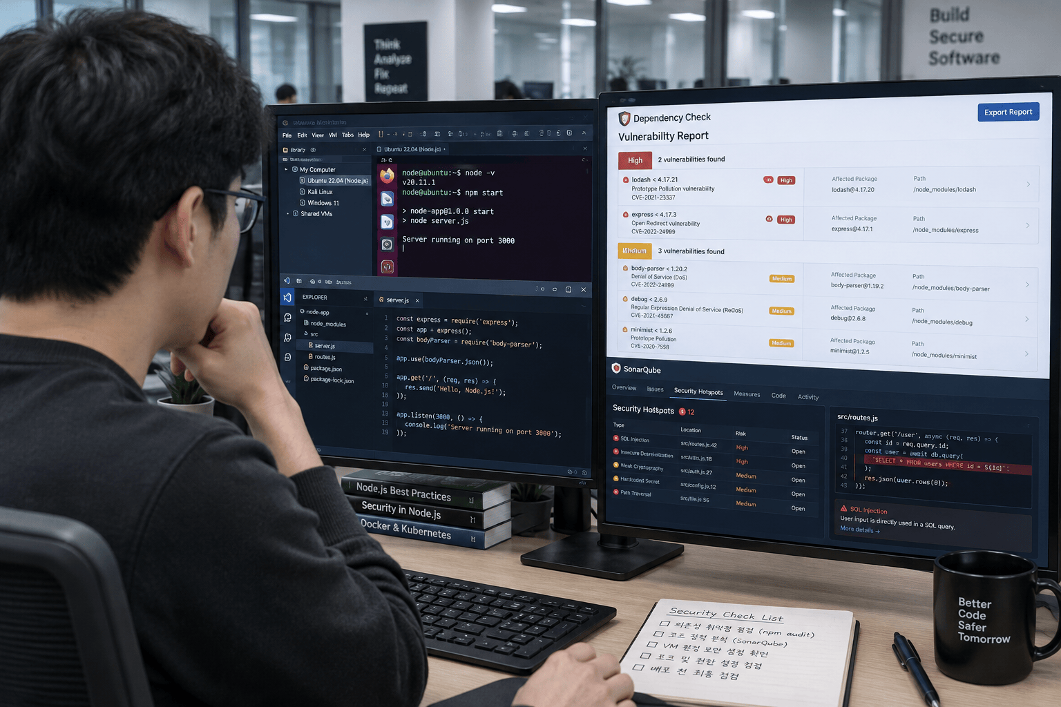 개발자가 Node.js 서버 취약점을 점검하는 장면