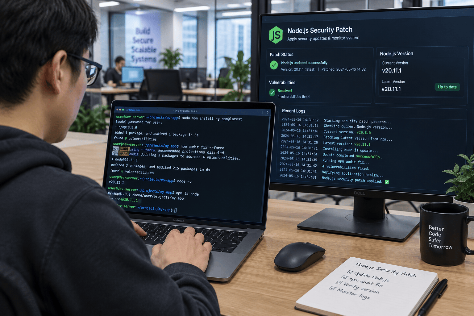 Node.js 보안 패치 적용 작업 중인 개발자