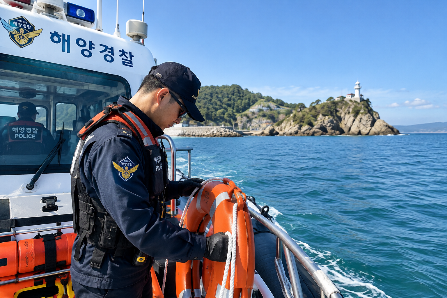 해경이 해안선에서 순찰하는 모습