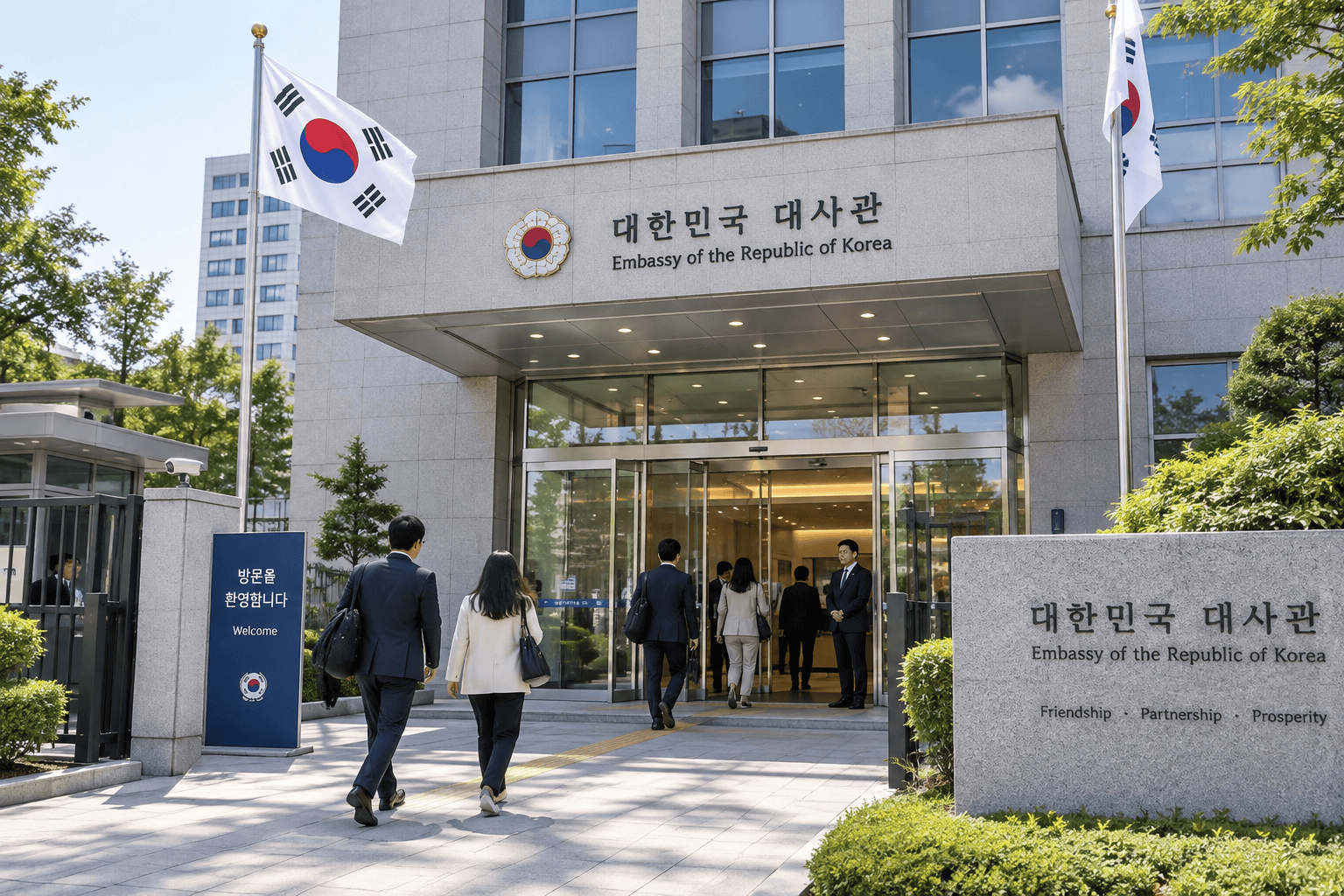대사관 건물과 입구 전경