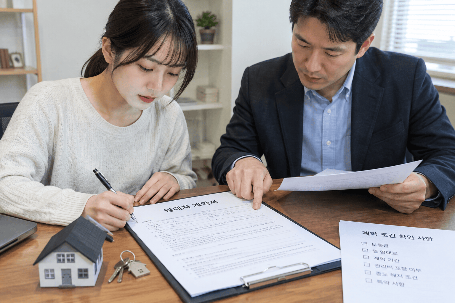임대차 계약서를 확인하는 임차인과 임대인