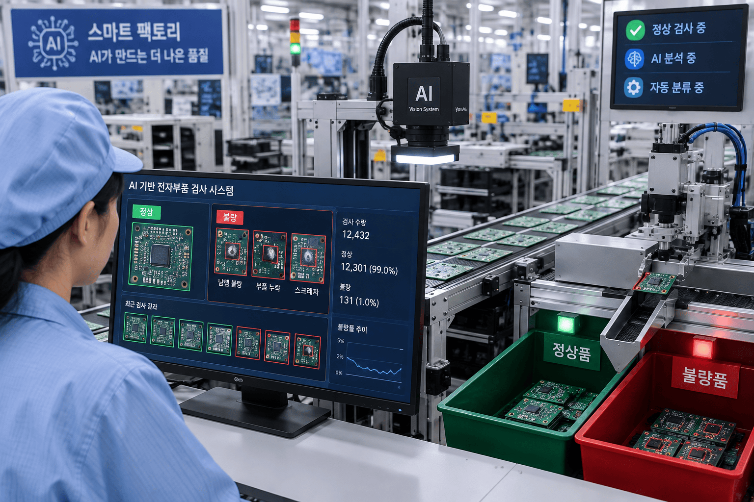 AI 검사 시스템이 불량품을 자동 분류하는 전자부품 제조 라인