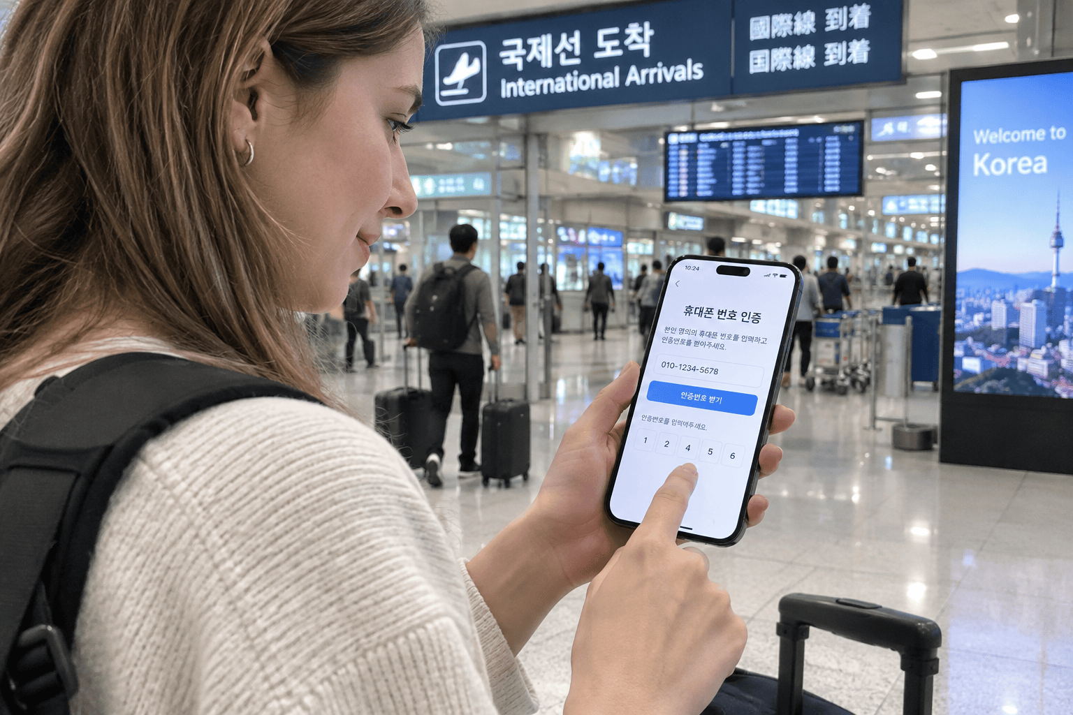 외국인 관광객이 한국에서 휴대폰 번호 인증을 하는 모습