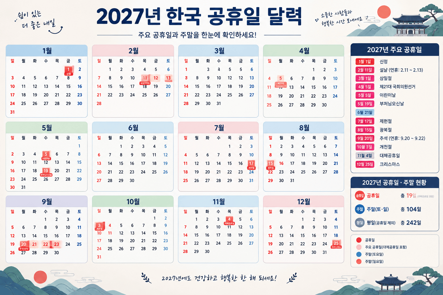 2027년 한국 공휴일과 주말 표시된 달력 그래픽