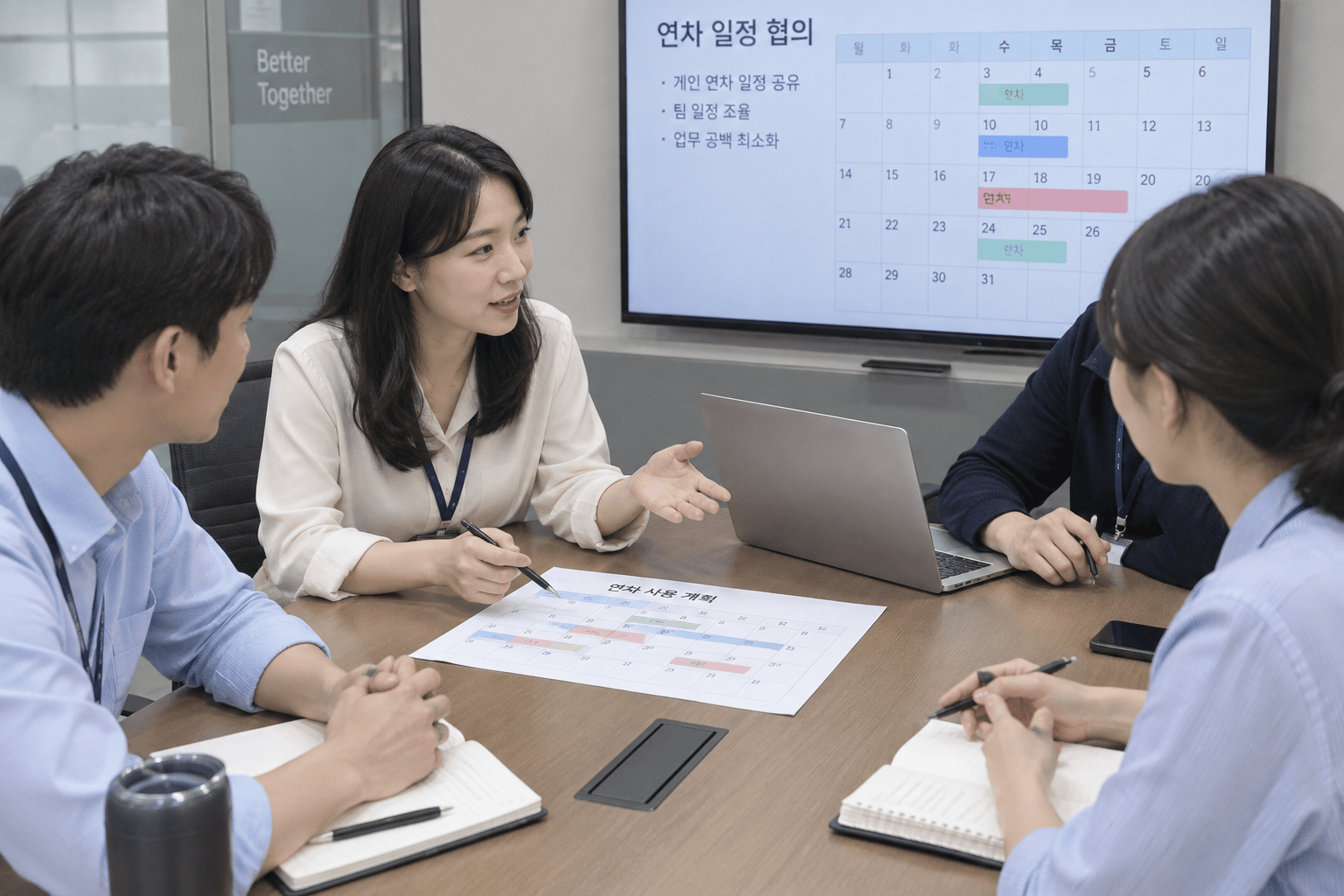 동료와 연차 사용 일정을 논의하는 직장인들