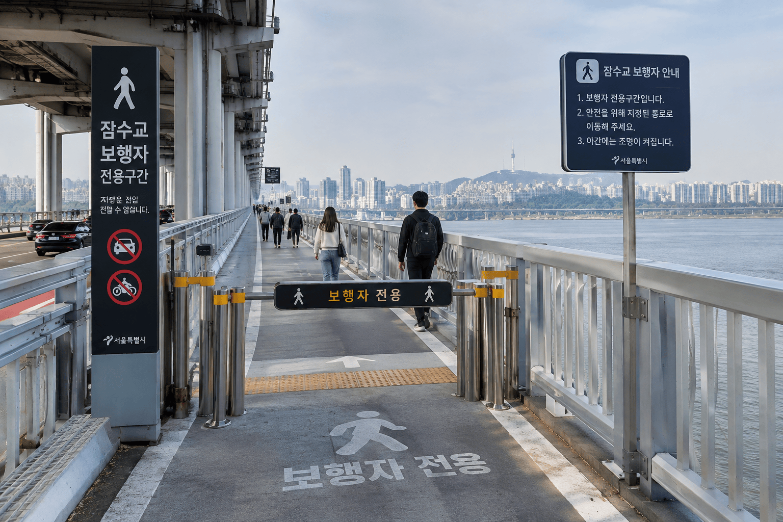 보행전용교 전환 후 잠수교의 보행자 안전 시설