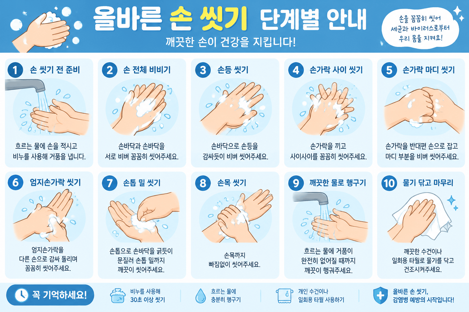 올바른 손 씻기 방법을 단계별로 나타낸 일러스트