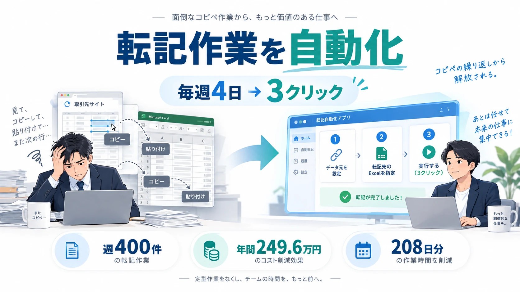 転記作業の自動化事例：年間208日分のExcelコピペが「3クリック」に。毎週4日かかる手作業をなくした業務自動化の全記録