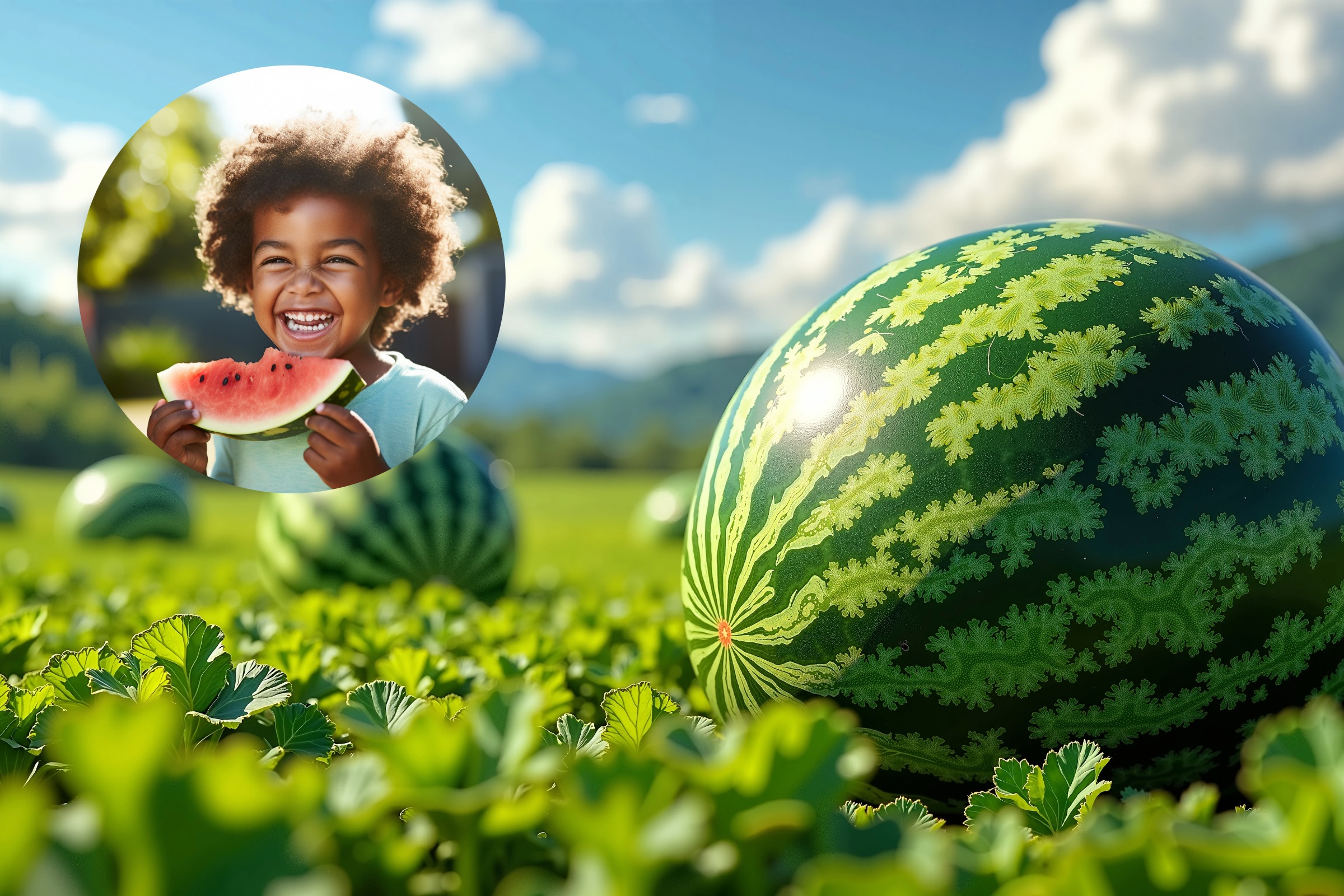 A little boy is enjoying a piece of sweet watermelon in a watermelon patch.