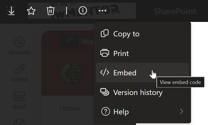 SharePoint menu displaying Copy to, Print, Embed, Version history, and Help options