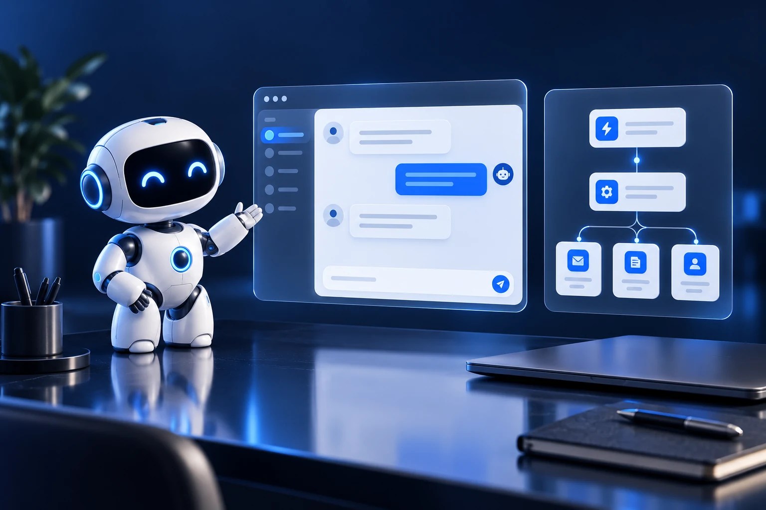 Concept illustration of an AI assistant and business workflows