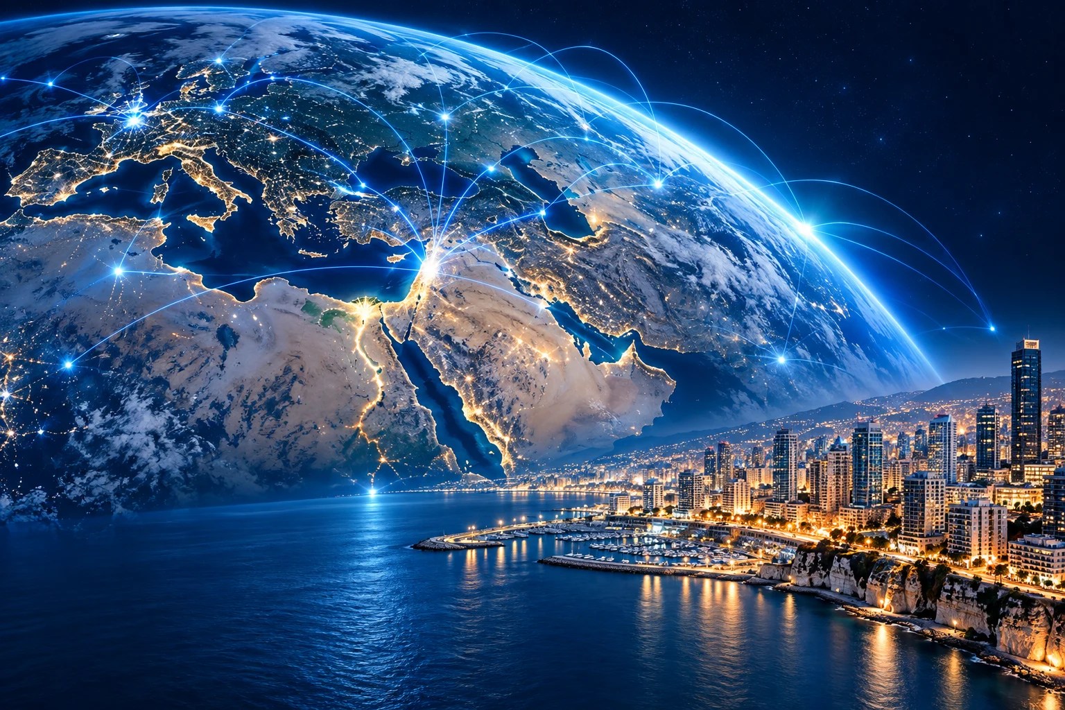 Connected globe above a Mediterranean city