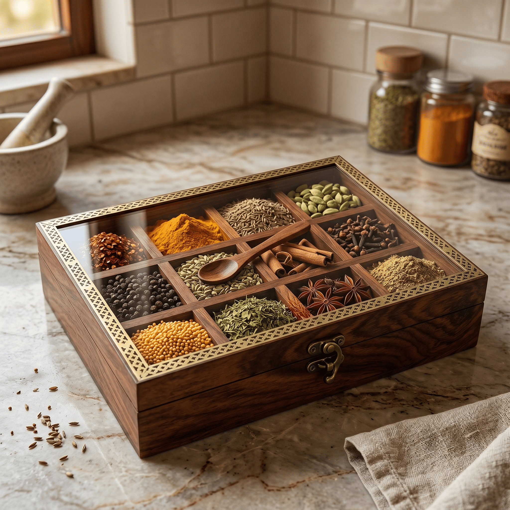 Traditional Rosewood Spice Organizer | 12-Container Masala Dabba for Your Kitchen