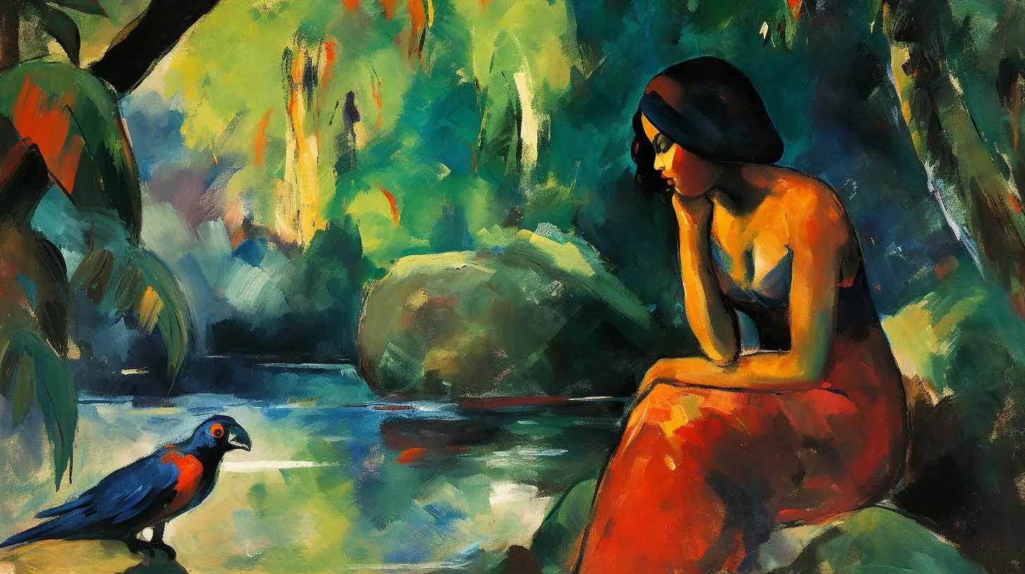 Illustration of a woman sitting in the jungle writing a fable.