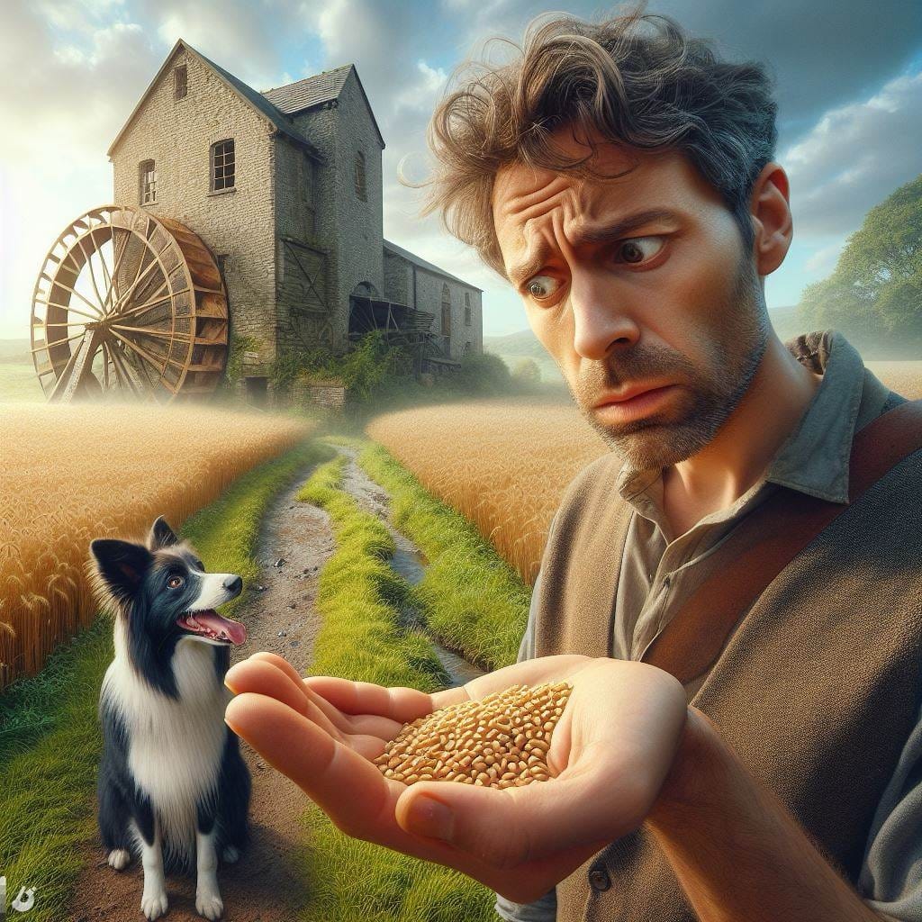 A man looks at grain in his hand
