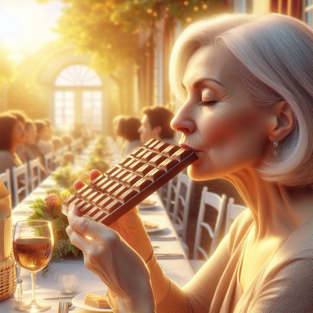 A woman enjoys chocolate