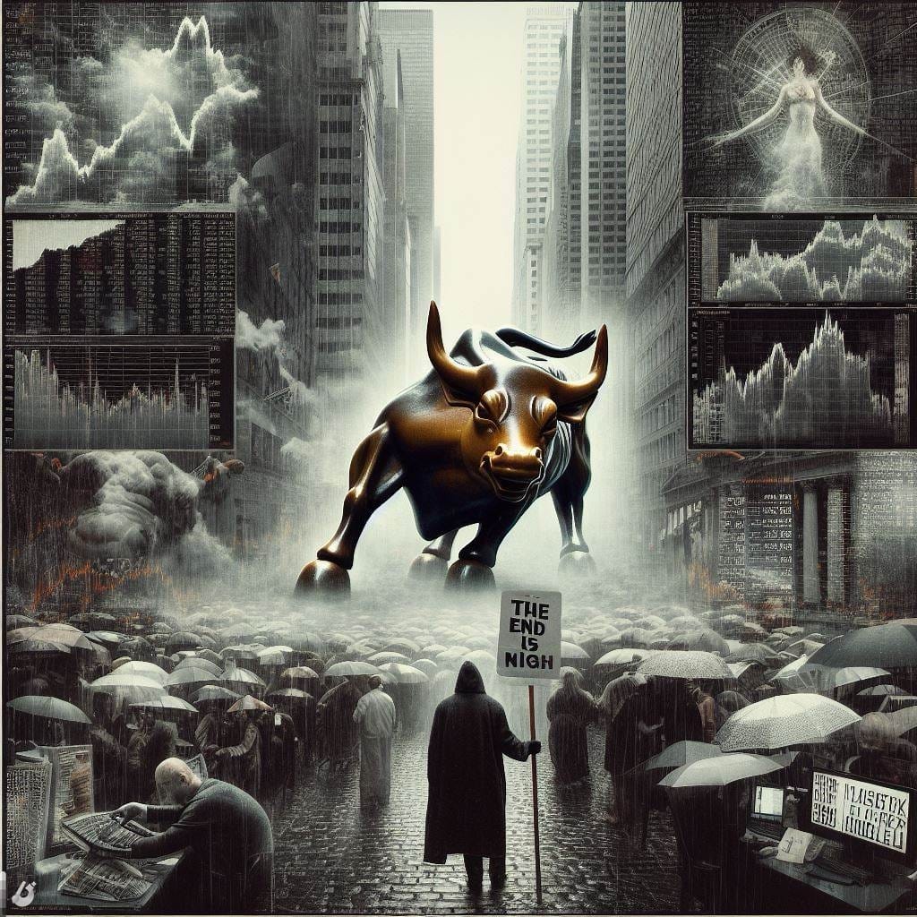 An animated metal statue of a bull charges a lone protester