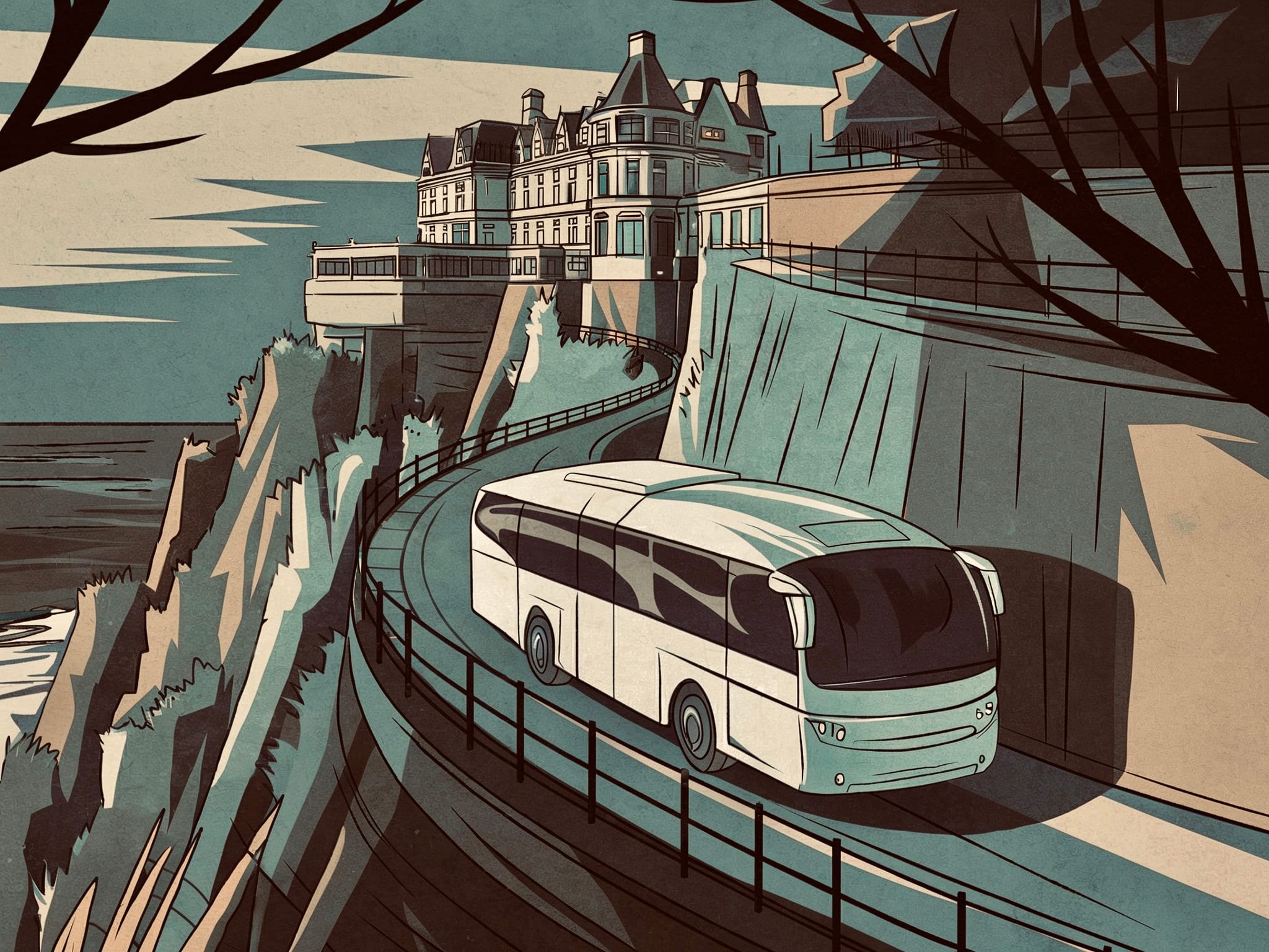 A coach on a seaside road