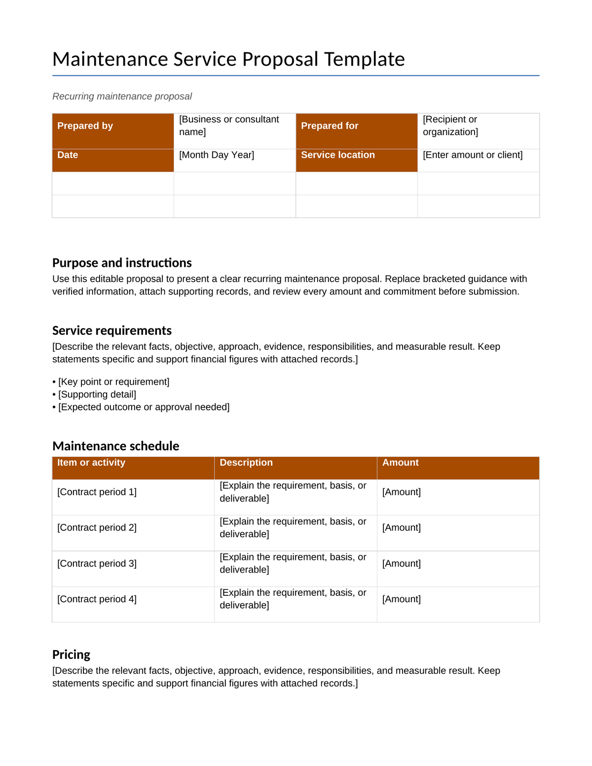 Preview of the maintenance service proposal template