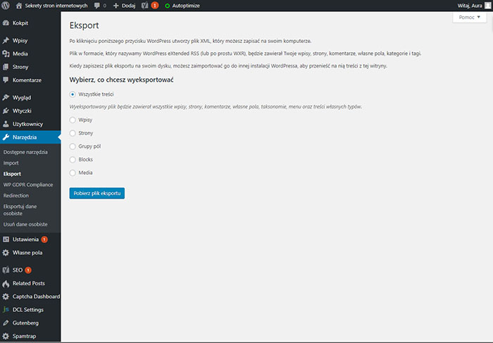 Eksportowanie plików z WordPress