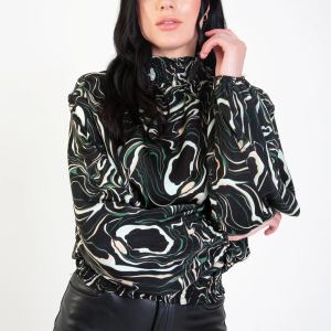 Black High Neck Shirred Loose Fit Top